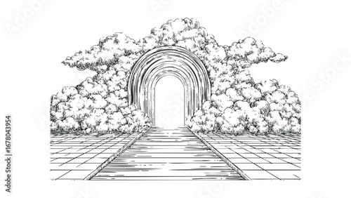 Archway surrounded by clouds with path leading forward. Vector hand drawn illustration