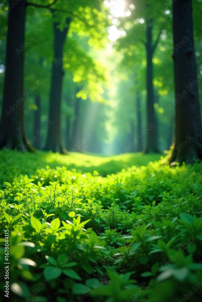 Fototapeta premium Lush green forest grass carpet, sunlight filtering through leaves, creating dappled shadows and textures Perfect for nature, environmental, and background uses , meadow, peaceful