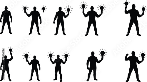 Man holding light bulb, idea concept, innovation symbol, creativity illustration, silhouette businessman, power of ideas, glowing lamp inspiration design
