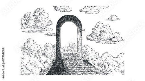Stone archway pathway leading through clouds under a sky in vintage sketch style. Vector hand drawn illustration