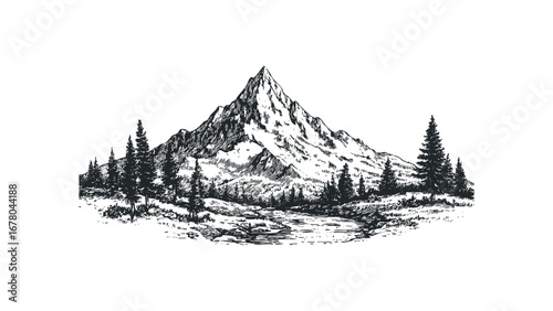 Hand Drawn Sketch of Majestic Mountain Peak with Pine Trees and Stream. Vector hand drawn illustration