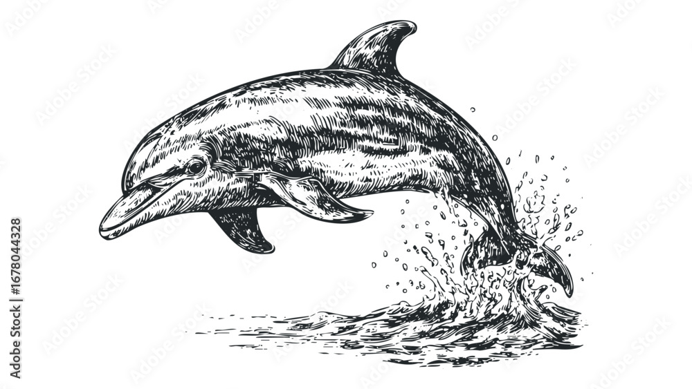 Fototapeta premium Line art dolphin jumping out of water splash black and white sketch. Vector hand drawn illustration