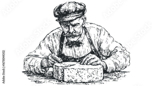 Experienced man with mustache and cap skillfully preparing a large cheese wheel. Vector hand drawn illustration
