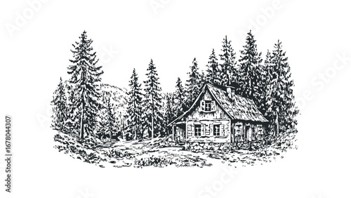 Rustic wooden cabin nestled among tall pine trees in a secluded forest landscape. Vector hand drawn illustration