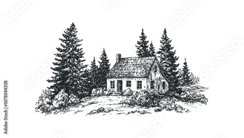 Sketch of a solitary wooden cabin nestled among pine trees. Vector hand drawn illustration