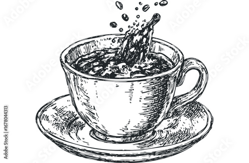 Sketch of a Hot Beverage Splash in a Cup on a Saucer. Vector hand drawn illustration