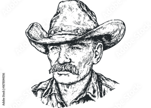 Vintage Cowboy Portrait with Detailed Mustache and Hat. Vector hand drawn illustration