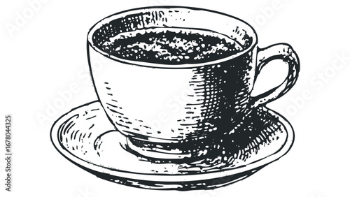 Hand drawn coffee cup and saucer on transparent background. Vector hand drawn illustration