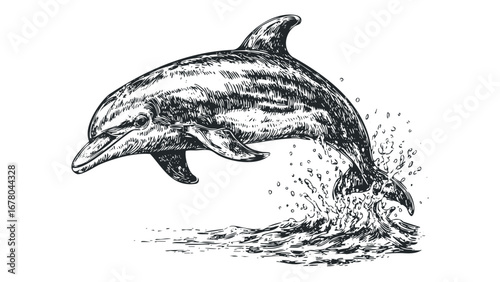 Line art dolphin jumping out of water splash black and white sketch. Vector hand drawn illustration