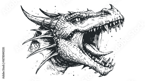 Fierce Dragon Head Roaring with Open Mouth and Sharp Teeth. Vector hand drawn illustration