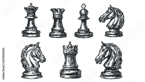 Vintage Chess Pieces including King, Queen, Bishop, and Knight rendered in a sketch style. Vector hand drawn illustration