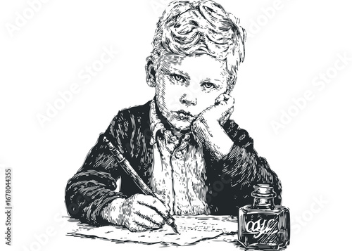 Boy thoughtfully writing with ink pen and inkwell on transparent background. Vector hand drawn illustration