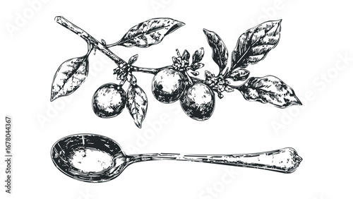 Sketch of ripe fruit on a branch with a vintage spoon. Vector hand drawn illustration