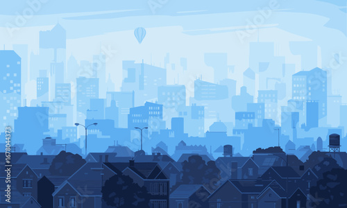 Serene blue cityscape panorama with a distant hot air balloon floating over modern skyscrapers and quiet residential neighborhood rooftops.