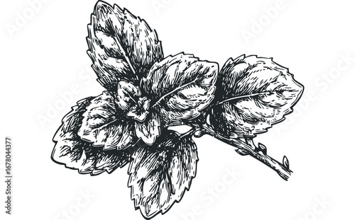 Detailed Sketch of a Mint Plant Stem with Leaves. Vector hand drawn illustration