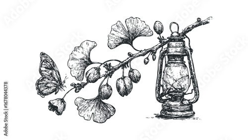 Hand drawn sketch of a kerosene lamp next to ginkgo leaves and a butterfly. Vector hand drawn illustration