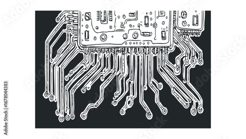Circuit board with wiring schematic hand drawn outline on transparent background. Vector hand drawn illustration