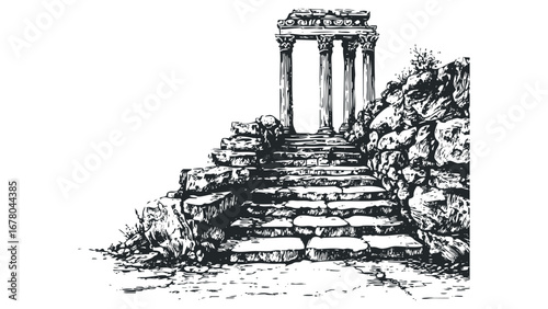 Stone stairway leading to ancient ruins with classical columns. Vector hand drawn illustration
