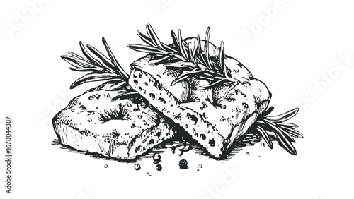 Hand Drawn Sketch of Savory Bread with Rosemary and Peppercorns. Vector hand drawn illustration