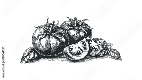 Two ripe tomatoes and basil leaves sketch on transparent background. Vector hand drawn illustration