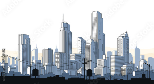Modern city skyline with towering skyscrapers and urban infrastructure, capturing dynamic city life and growth
