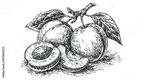 Hand Drawn Plums with Leaves and Cut Halves on Transparent Background. Vector hand drawn illustration