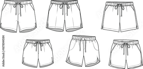 Women’s elastic waist casual shorts technical fashion flat sketch, vector cad template with drawstring and pocket details.