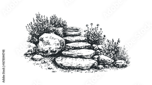 Sketch of garden stone steps bordered by rocks and foliage. Vector hand drawn illustration