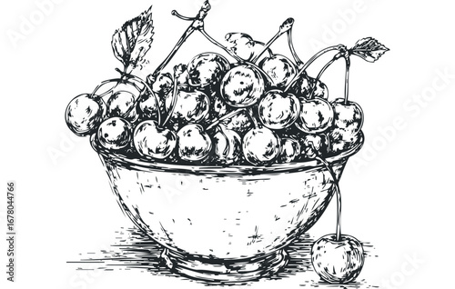 Hand-drawn sketch of fresh cherries in a bowl with leaves. Vector hand drawn illustration