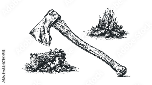 Hand drawn axe and campfire with wood logs. Vector hand drawn illustration