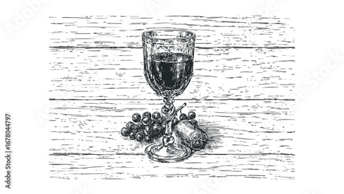 Sketch of wine glass with grapes and cork on wooden surface. Vector hand drawn illustration