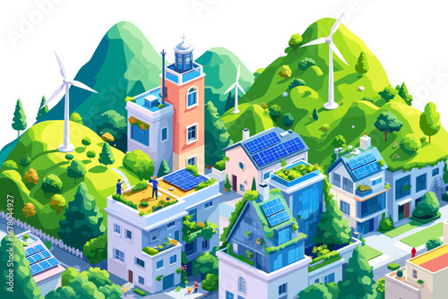 Discover a sustainable future with eco-friendly homes, wind turbines, and solar energy powering a vibrant green community, showcasing renewable power.