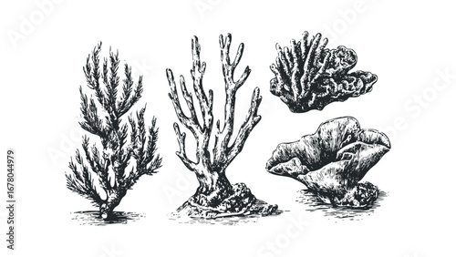Collection of diverse marine coral types in a sketched monochrome style on a white background. Vector hand drawn illustration