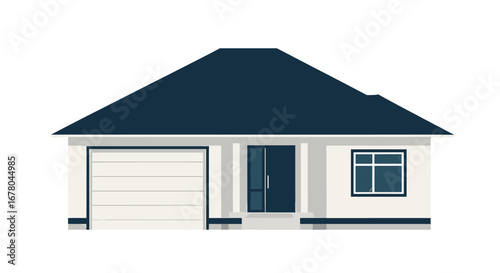 Modern single-story house with dark blue roof and white exterior featuring a garage door, front door, and window