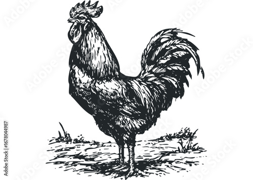 Detailed Ink Sketch of a Proud Rooster Standing Tall on Grassy Ground. Vector hand drawn illustration