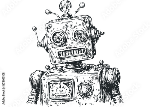 Monochrome sketch of vintage robot head with antennae and dial. Vector hand drawn illustration