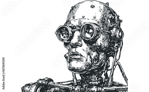 Detailed steampunk robot portrait with goggles and intricate mechanical parts. Vector hand drawn illustration
