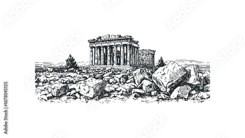 Ancient marble temple ruins with rocky terrain and sparse trees. Vector hand drawn illustration