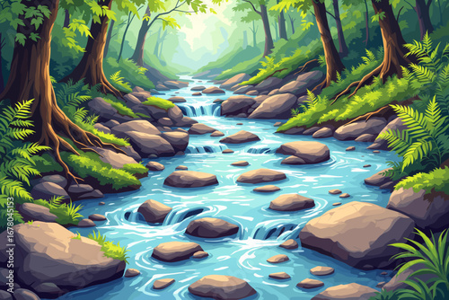 Serene forest stream cascades over mossy rocks, vibrant green foliage, and sunlight filtering through lush trees creating a tranquil natural escape.