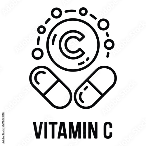 Vitamin c supplement with capsules and molecule chain for health and wellness benefits and immunity  vector silhouette