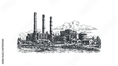 Ink sketch of a sprawling industrial complex with tall chimneys next to a river. Vector hand drawn illustration