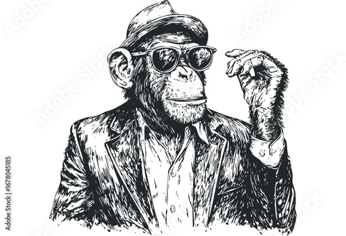 Stylish chimpanzee wearing sunglasses and a suit, with a hat on its head, isolated on white. Vector hand drawn illustration