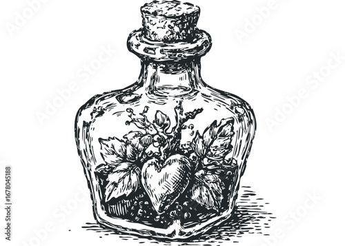 Glass bottle with cork stopper filled with heart and foliage sketch. Vector hand drawn illustration