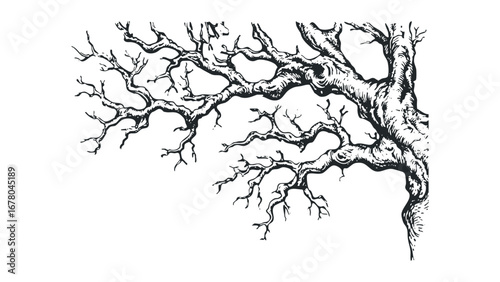 Detailed ink drawing of a bare tree branch structure on a transparent background. Vector hand drawn illustration