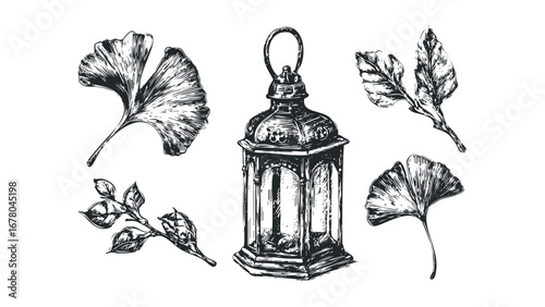 Vintage lantern with ginkgo leaves and branches sketch on transparent background. Vector hand drawn illustration