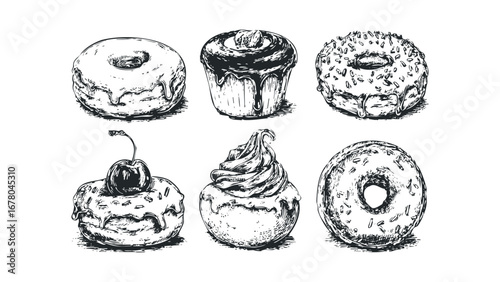 Hand Drawn Collection of Sweet Pastries and Doughnuts. Vector hand drawn illustration