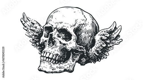 Winged Skull Engraving Isolated on Transparent Background. Vector hand drawn illustration