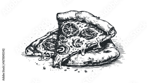 Drawn Delicious Pizza Slice with Melty Cheese and Toppings. Vector hand drawn illustration