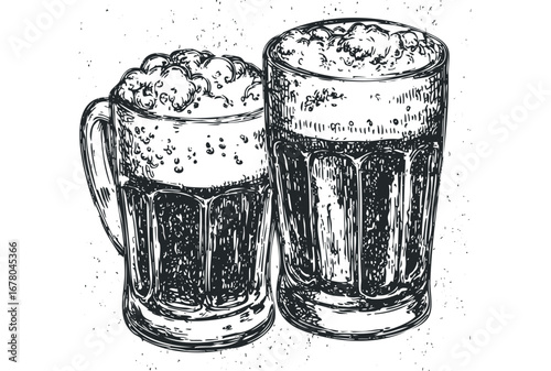 Two frothy mugs of dark beer with foam on a textured transparent background. Vector hand drawn illustration