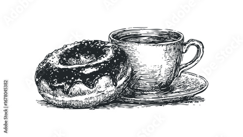 Sketch of a donut with chocolate glaze and a cup of coffee on a saucer. Vector hand drawn illustration